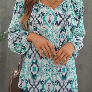New Women’s Size XL Retro Print Blouse in Aqua & Greens Cute Top!